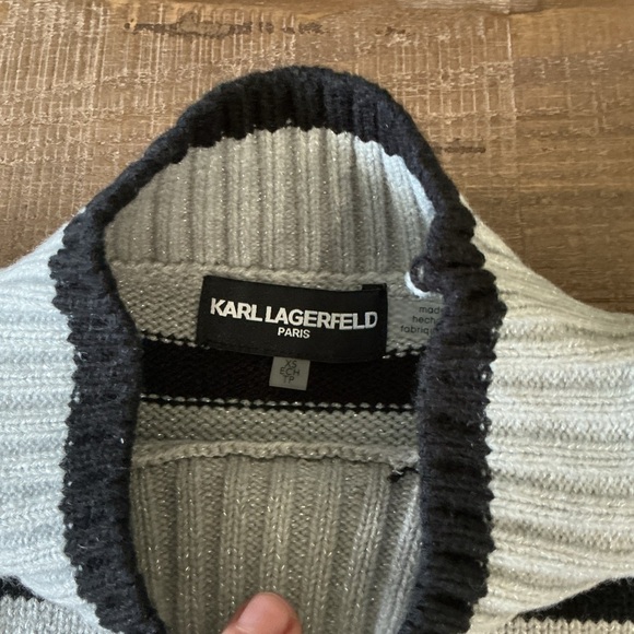 Karl Lagerfeld Black and White Women's Striped Mock-Neck Sunglasses Sweater - Picture 2 of 7